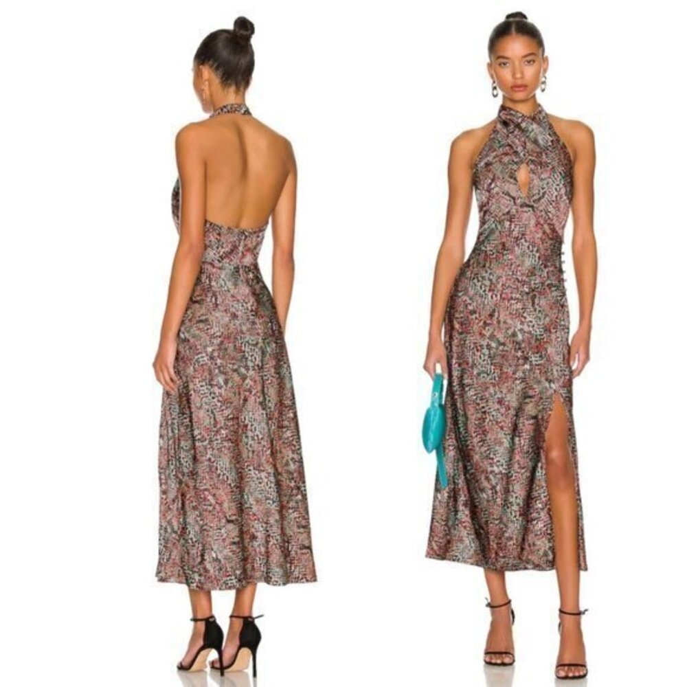 Nicholas Aline Cross Over Halter Midi Dress with Side Gather